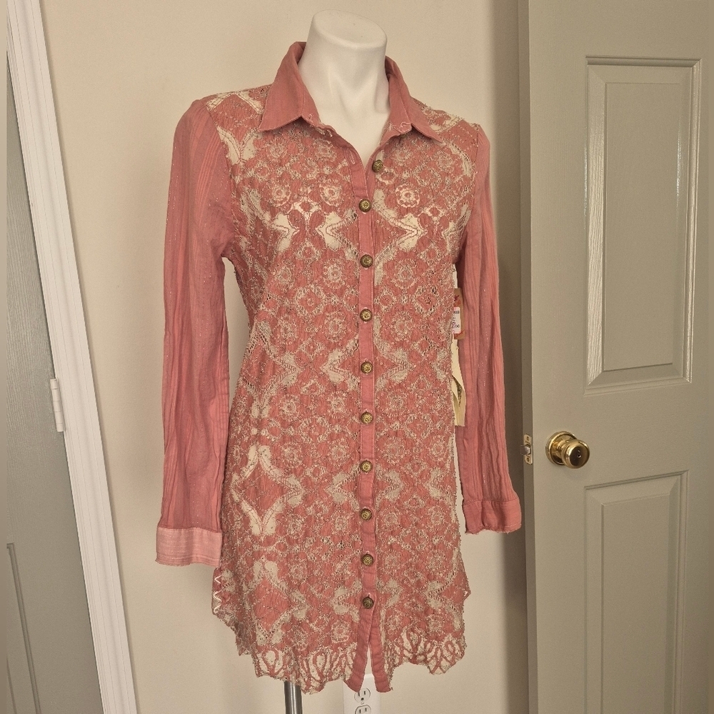 Aratta Silent Journey String of Pearls Lace Semi Sheer Button Down Blouse(M)NWT